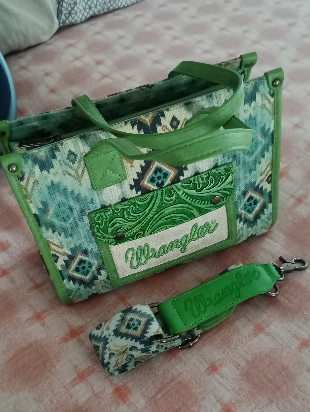 Wrangler Green Aztec Canvas Tote Bag with Matching Strap